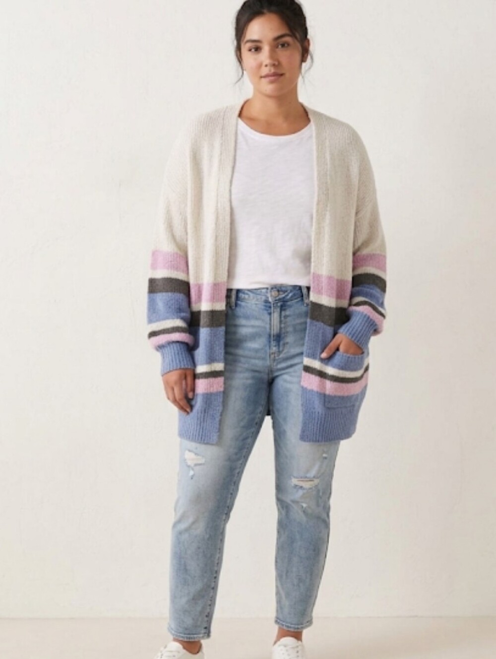 SO Open-Front Striped Cardigan Soft Sweater in Cream, Blue & Pink Oversized Md